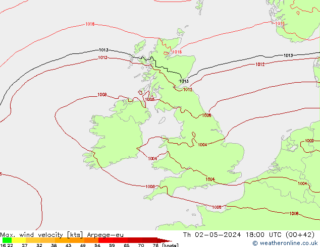 Max. wind velocity Arpege-eu чт 02.05.2024 18 UTC