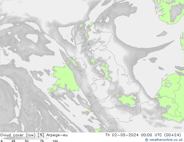 Cloud cover (low) Arpege-eu Th 02.05.2024 00 UTC