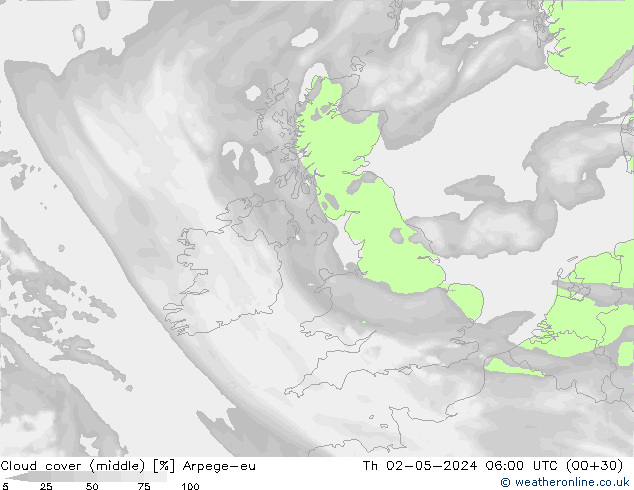 Cloud cover (middle) Arpege-eu Th 02.05.2024 06 UTC