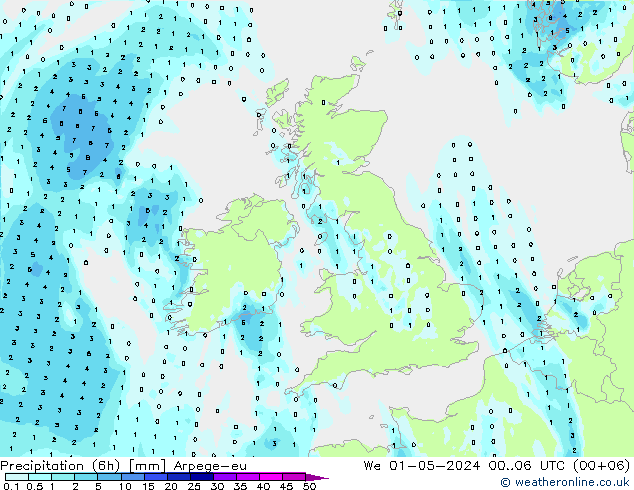 Précipitation (6h) Arpege-eu mer 01.05.2024 06 UTC