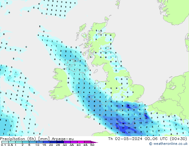 Precipitación (6h) Arpege-eu jue 02.05.2024 06 UTC