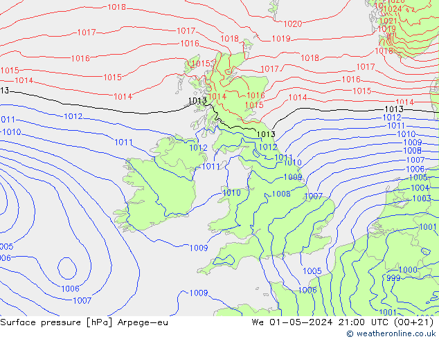 Surface pressure Arpege-eu We 01.05.2024 21 UTC