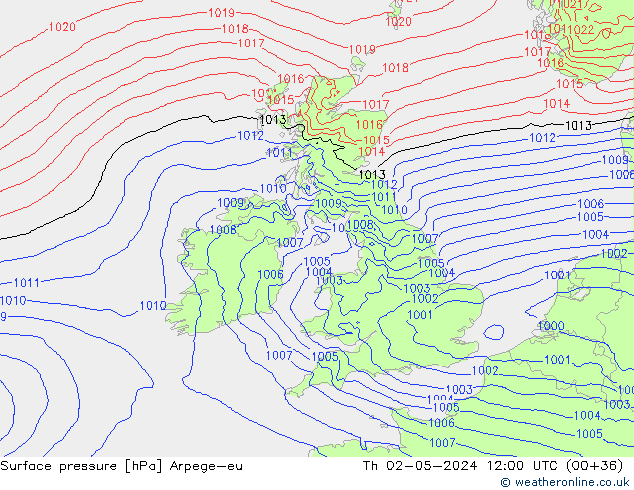 Surface pressure Arpege-eu Th 02.05.2024 12 UTC