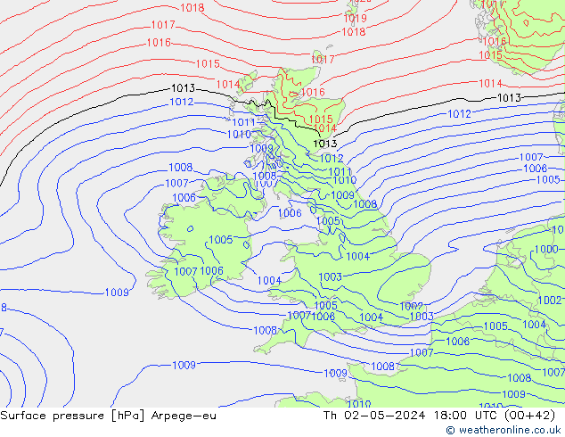 Pressione al suolo Arpege-eu gio 02.05.2024 18 UTC