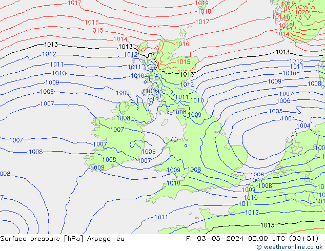 Presión superficial Arpege-eu vie 03.05.2024 03 UTC