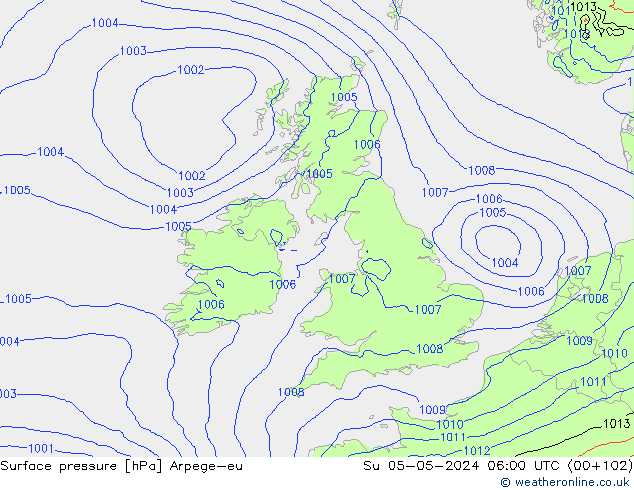 Pressione al suolo Arpege-eu dom 05.05.2024 06 UTC