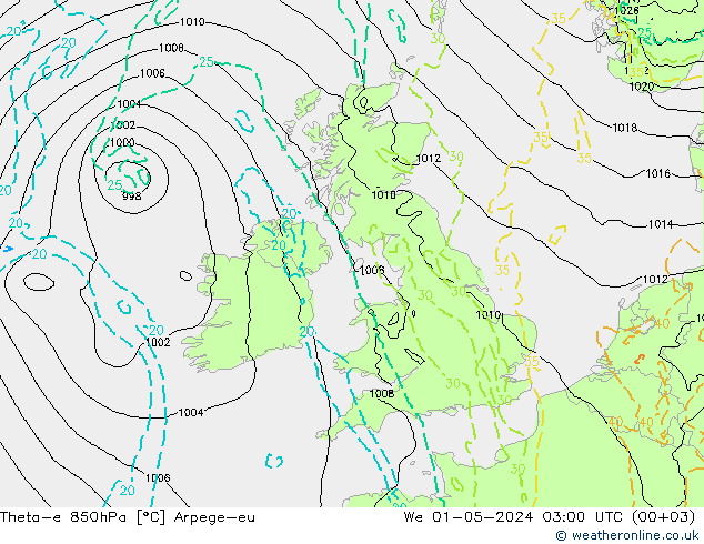 Theta-e 850hPa Arpege-eu mer 01.05.2024 03 UTC