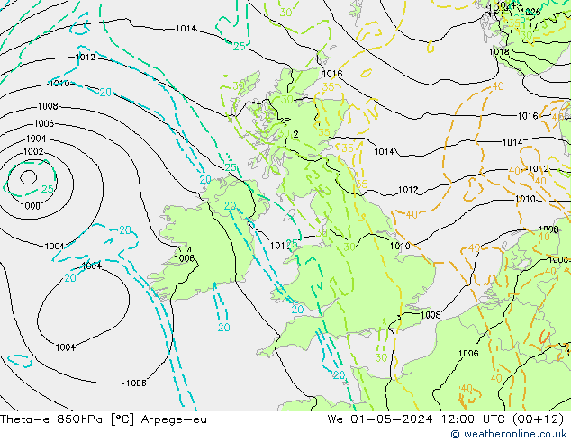 Theta-e 850hPa Arpege-eu Çar 01.05.2024 12 UTC