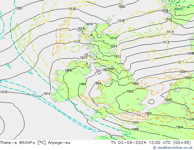 Theta-e 850hPa Arpege-eu Qui 02.05.2024 12 UTC