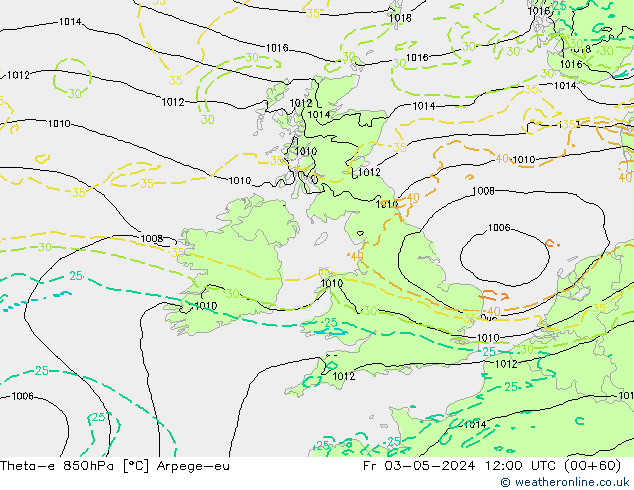 Theta-e 850hPa Arpege-eu ven 03.05.2024 12 UTC