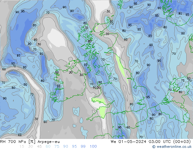 RH 700 hPa Arpege-eu We 01.05.2024 03 UTC