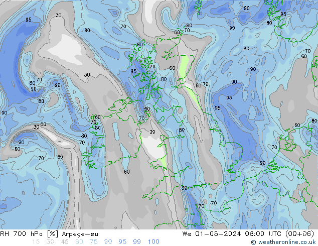 Humidité rel. 700 hPa Arpege-eu mer 01.05.2024 06 UTC