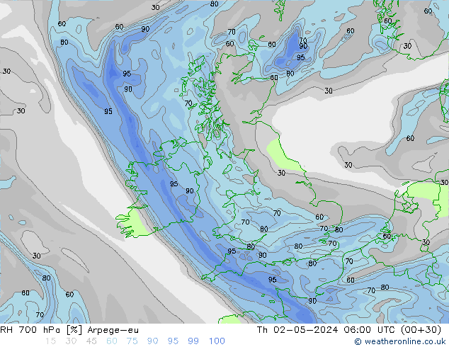 RH 700 hPa Arpege-eu Do 02.05.2024 06 UTC