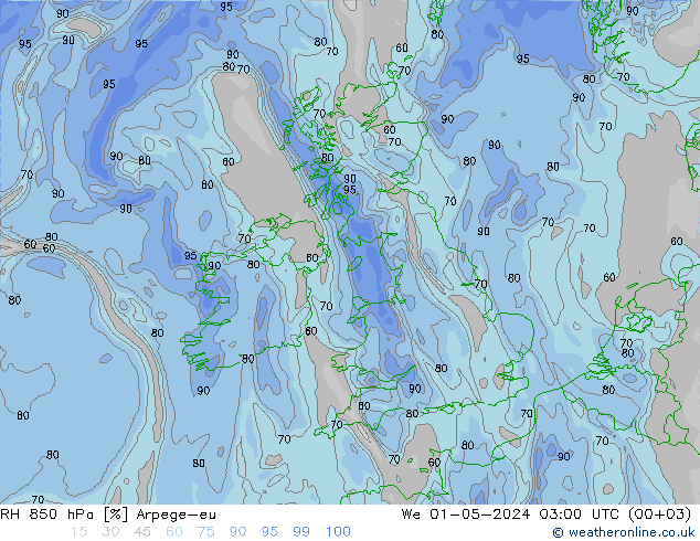 RH 850 hPa Arpege-eu We 01.05.2024 03 UTC