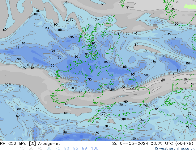 RH 850 hPa Arpege-eu Sa 04.05.2024 06 UTC