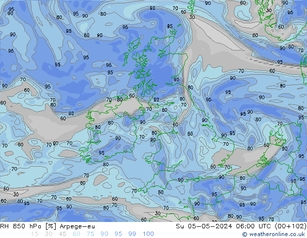 RH 850 hPa Arpege-eu nie. 05.05.2024 06 UTC