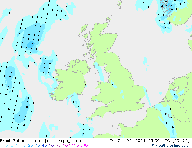 Totale neerslag Arpege-eu wo 01.05.2024 03 UTC