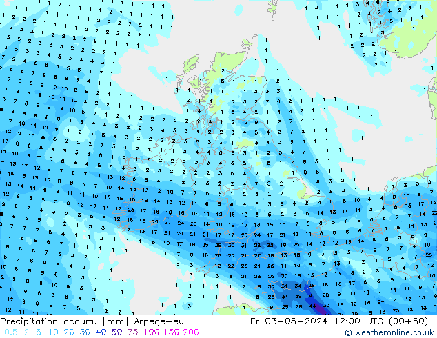 Precipitation accum. Arpege-eu Fr 03.05.2024 12 UTC