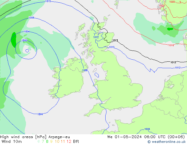 High wind areas Arpege-eu mer 01.05.2024 06 UTC