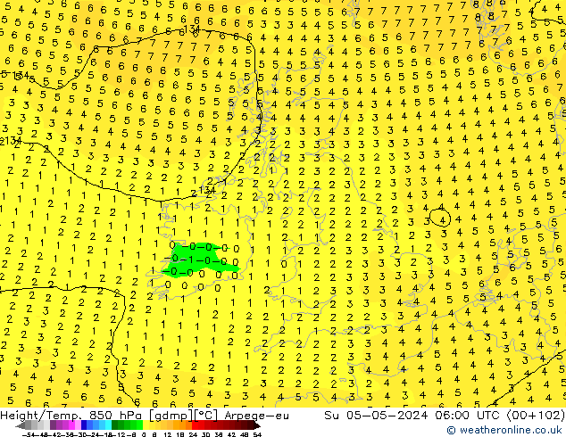 Height/Temp. 850 гПа Arpege-eu Вс 05.05.2024 06 UTC