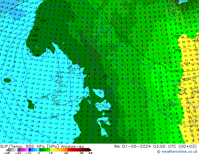 SLP/Temp. 850 hPa Arpege-eu We 01.05.2024 03 UTC