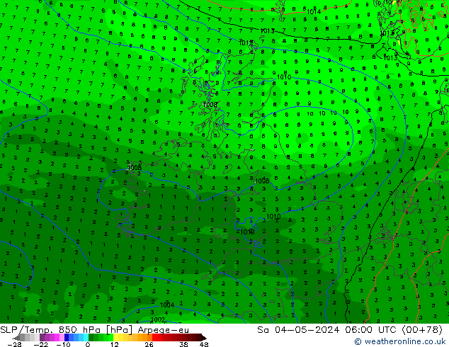 SLP/Temp. 850 hPa Arpege-eu sab 04.05.2024 06 UTC