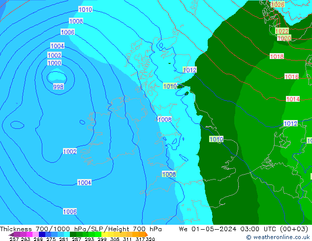 Thck 700-1000 hPa Arpege-eu mer 01.05.2024 03 UTC