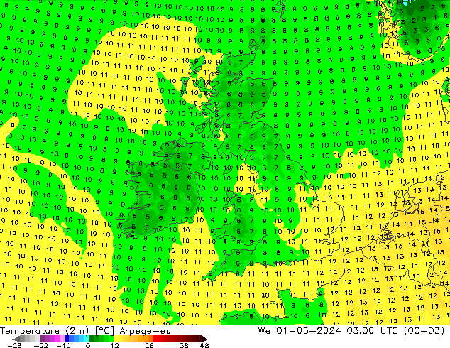 Sıcaklık Haritası (2m) Arpege-eu Çar 01.05.2024 03 UTC