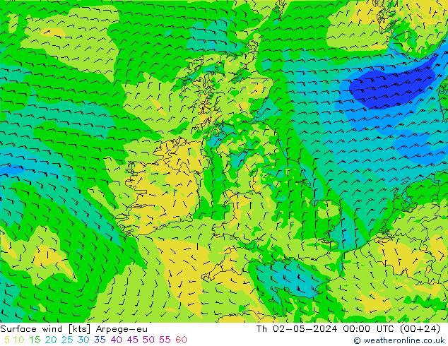 Surface wind Arpege-eu Th 02.05.2024 00 UTC