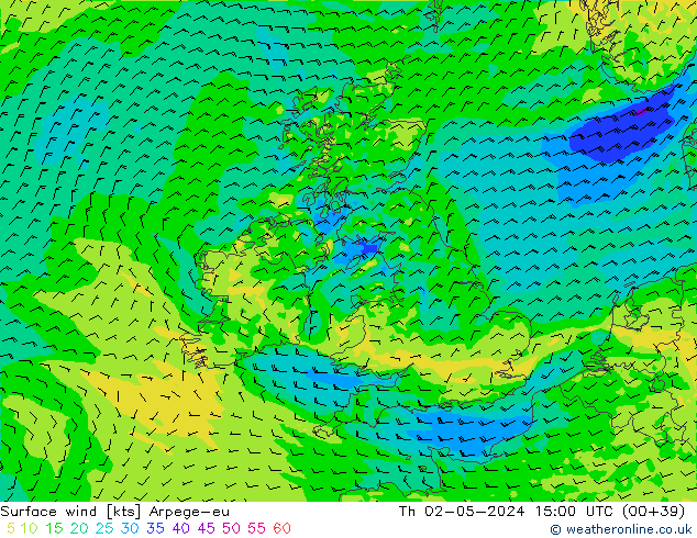 Viento 10 m Arpege-eu jue 02.05.2024 15 UTC