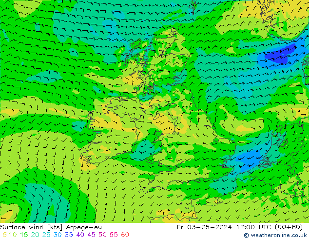 Wind 10 m Arpege-eu vr 03.05.2024 12 UTC