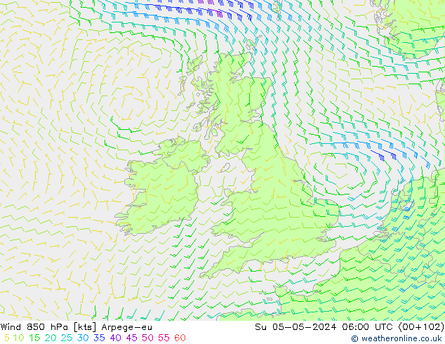 Wind 850 hPa Arpege-eu Su 05.05.2024 06 UTC