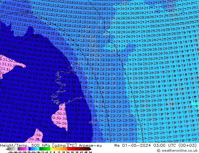 Height/Temp. 500 hPa Arpege-eu We 01.05.2024 03 UTC