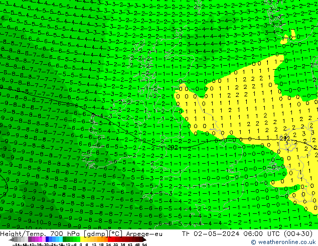 Height/Temp. 700 hPa Arpege-eu gio 02.05.2024 06 UTC