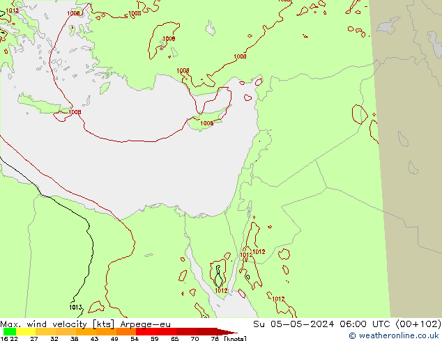 Max. wind velocity Arpege-eu Su 05.05.2024 06 UTC