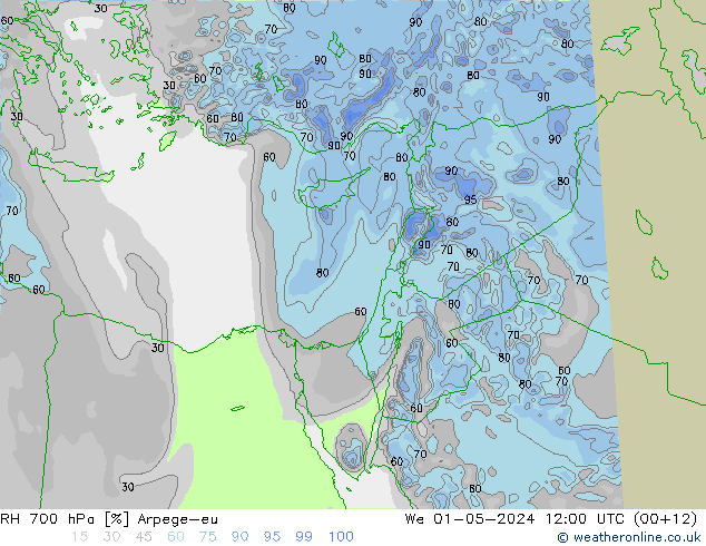 RH 700 гПа Arpege-eu ср 01.05.2024 12 UTC