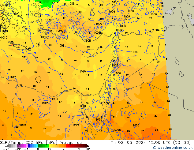 SLP/Temp. 850 hPa Arpege-eu Th 02.05.2024 12 UTC