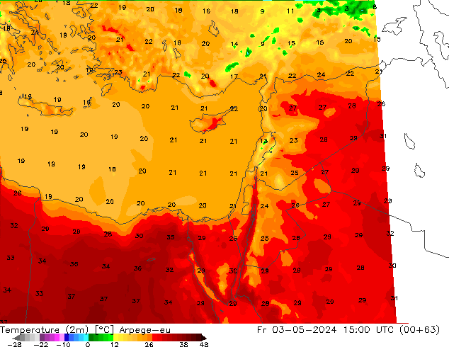 Temperatura (2m) Arpege-eu vie 03.05.2024 15 UTC