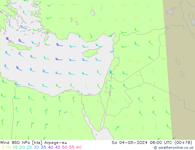 Wind 850 hPa Arpege-eu Sa 04.05.2024 06 UTC