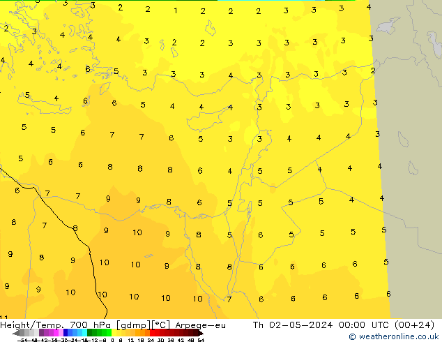 Height/Temp. 700 гПа Arpege-eu чт 02.05.2024 00 UTC