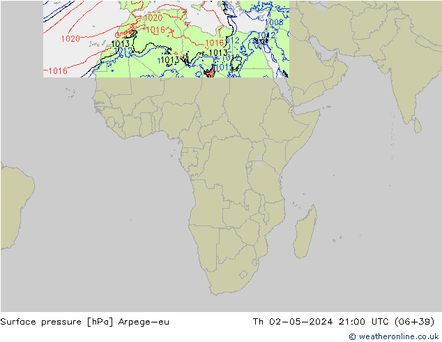 Atmosférický tlak Arpege-eu Čt 02.05.2024 21 UTC