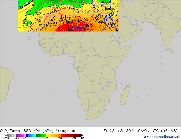 SLP/Temp. 850 hPa Arpege-eu Pá 03.05.2024 06 UTC