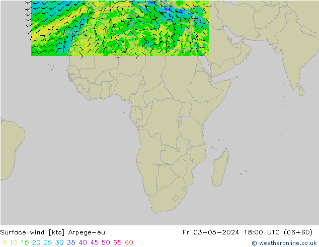 Vento 10 m Arpege-eu Sex 03.05.2024 18 UTC