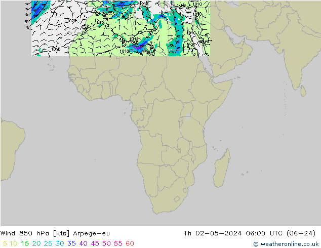 wiatr 850 hPa Arpege-eu czw. 02.05.2024 06 UTC