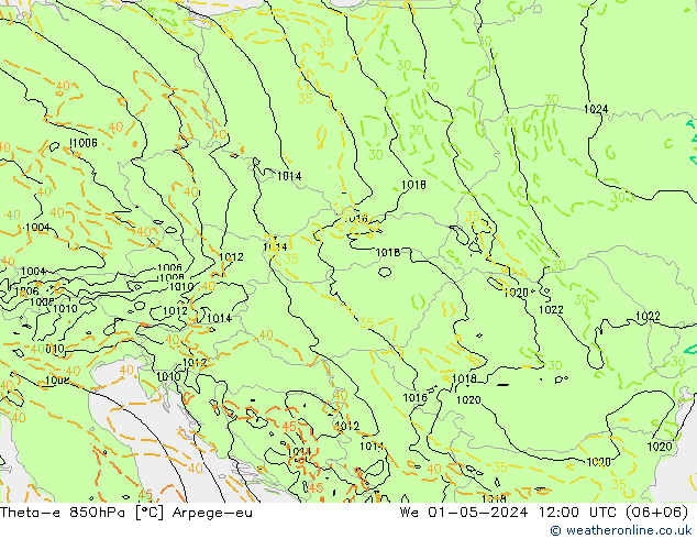 Theta-e 850hPa Arpege-eu We 01.05.2024 12 UTC