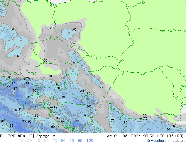 RH 700 гПа Arpege-eu ср 01.05.2024 09 UTC