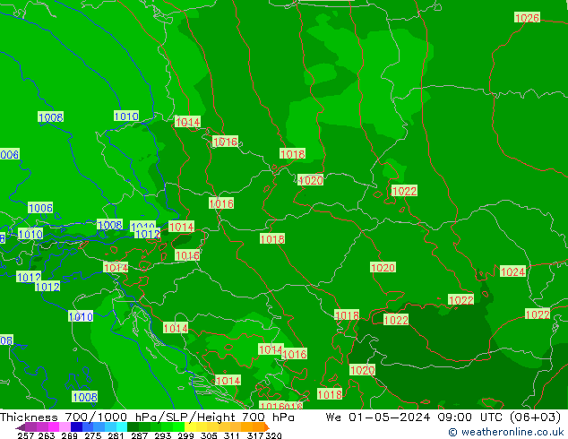 Thck 700-1000 hPa Arpege-eu mer 01.05.2024 09 UTC