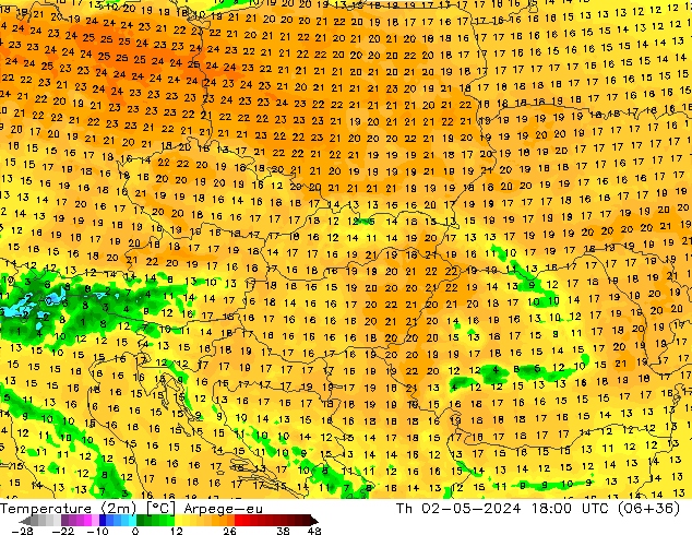 Temperatuurkaart (2m) Arpege-eu do 02.05.2024 18 UTC