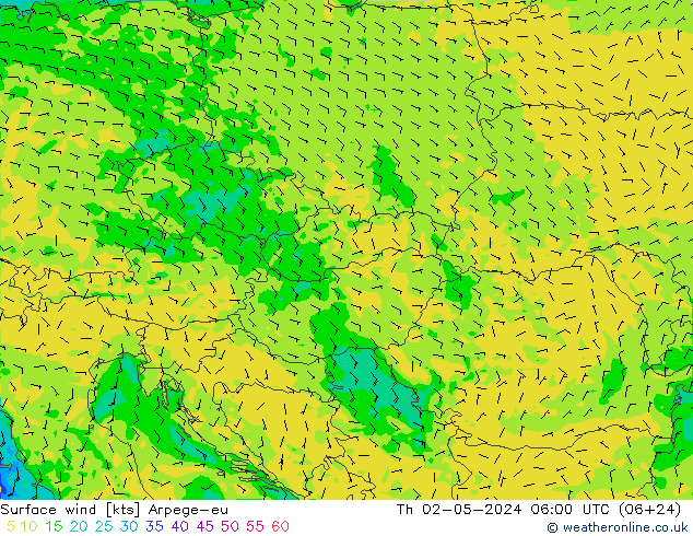 Viento 10 m Arpege-eu jue 02.05.2024 06 UTC