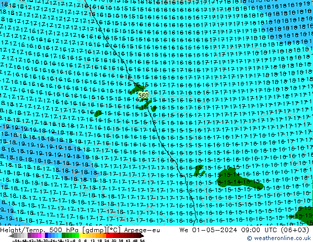 Géop./Temp. 500 hPa Arpege-eu mer 01.05.2024 09 UTC